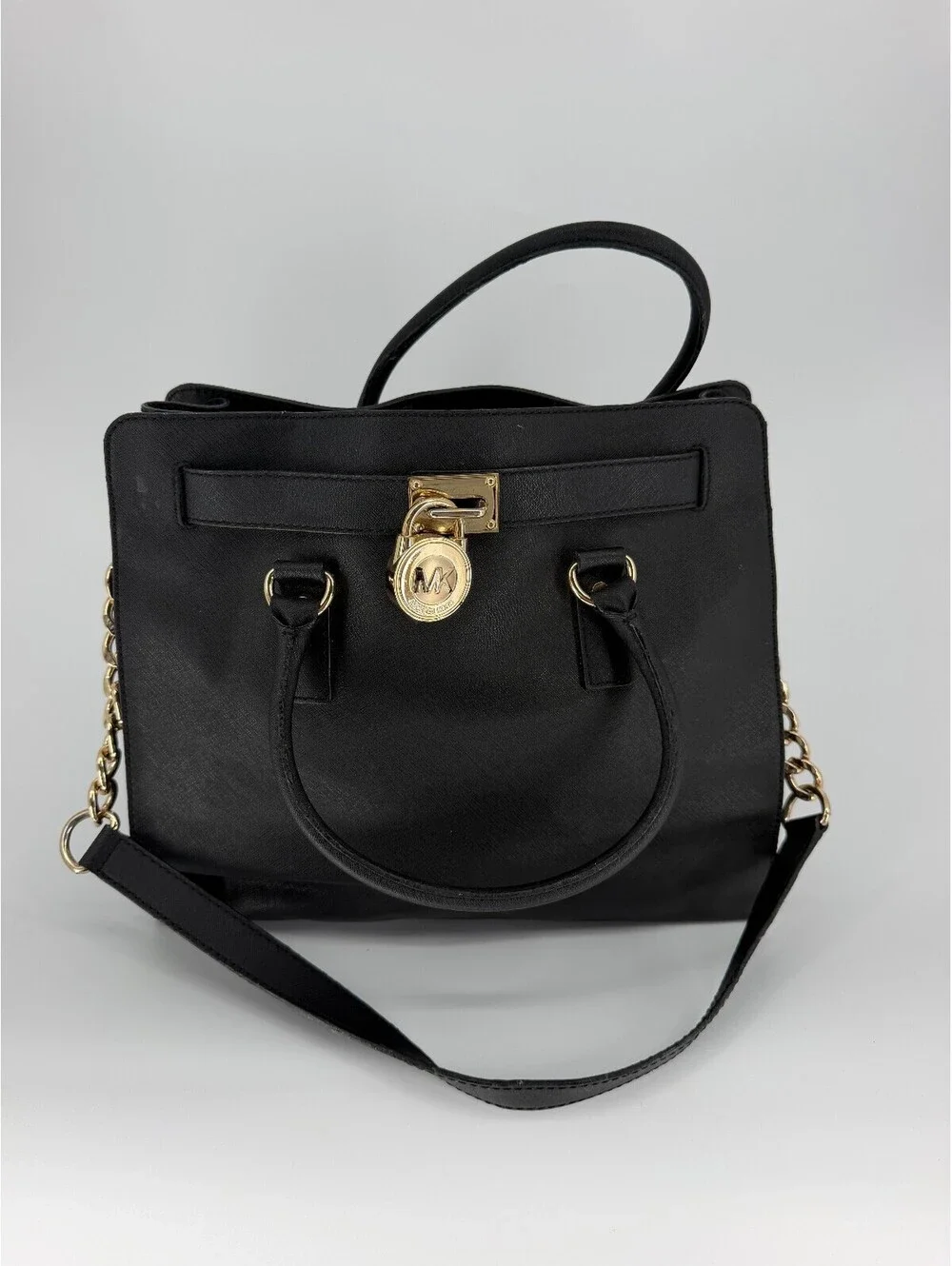 Michael Kors Black Saffiano Leather Satchel Tote with Gold Hardware